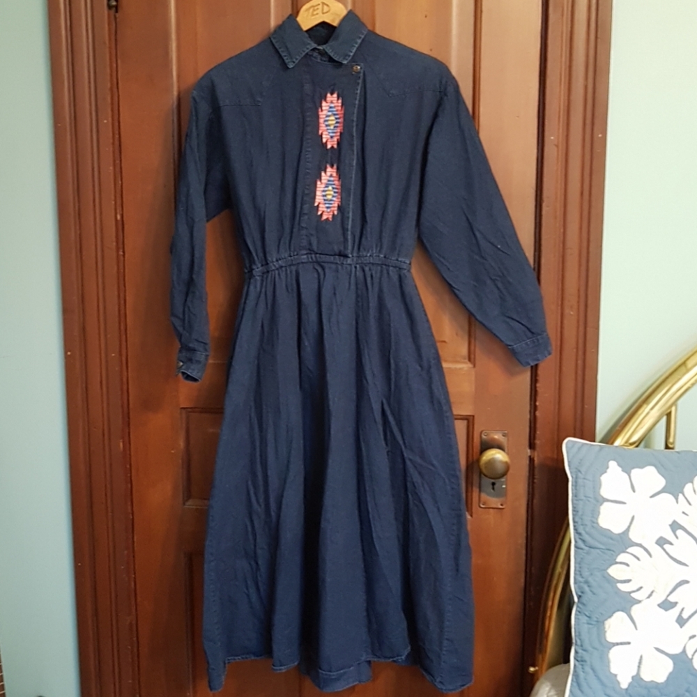 Vintage Denim Midi Dress With Embroidered Accent